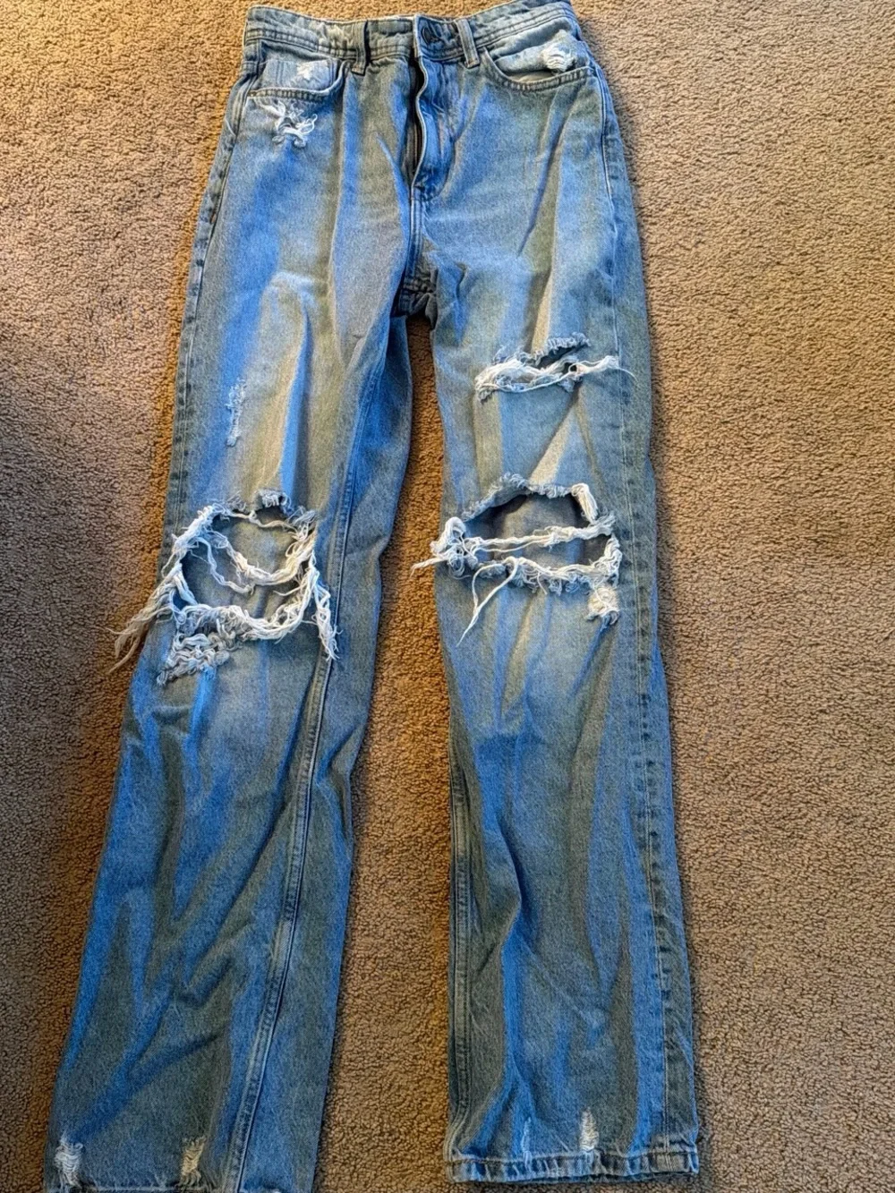 Zara Light Blue Ripped Straight-Leg Jeans